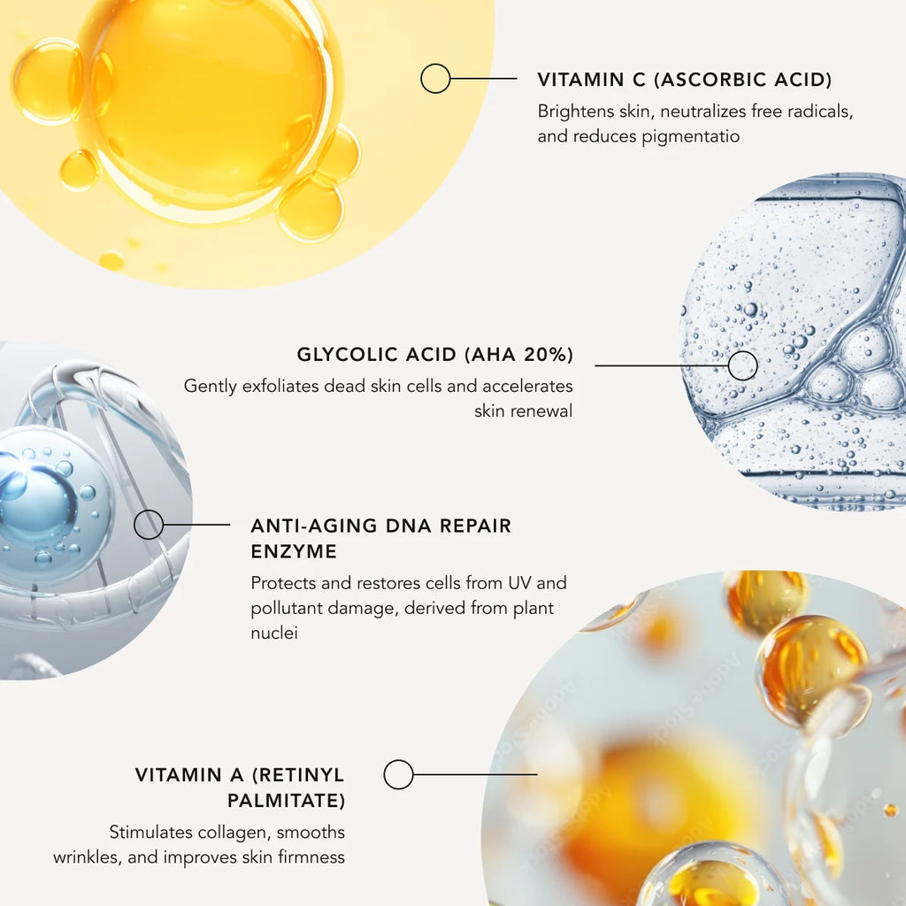 Illustration of skincare ingredients with labels on a white background