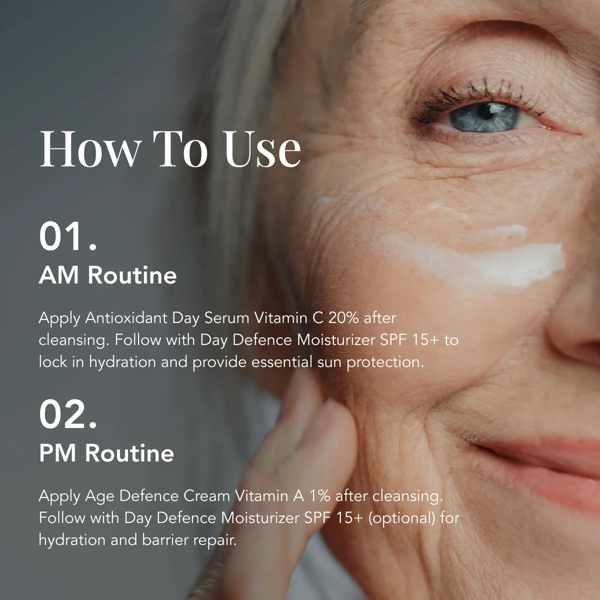 Skincare routine guide with text overlay on a close-up of a person's face.