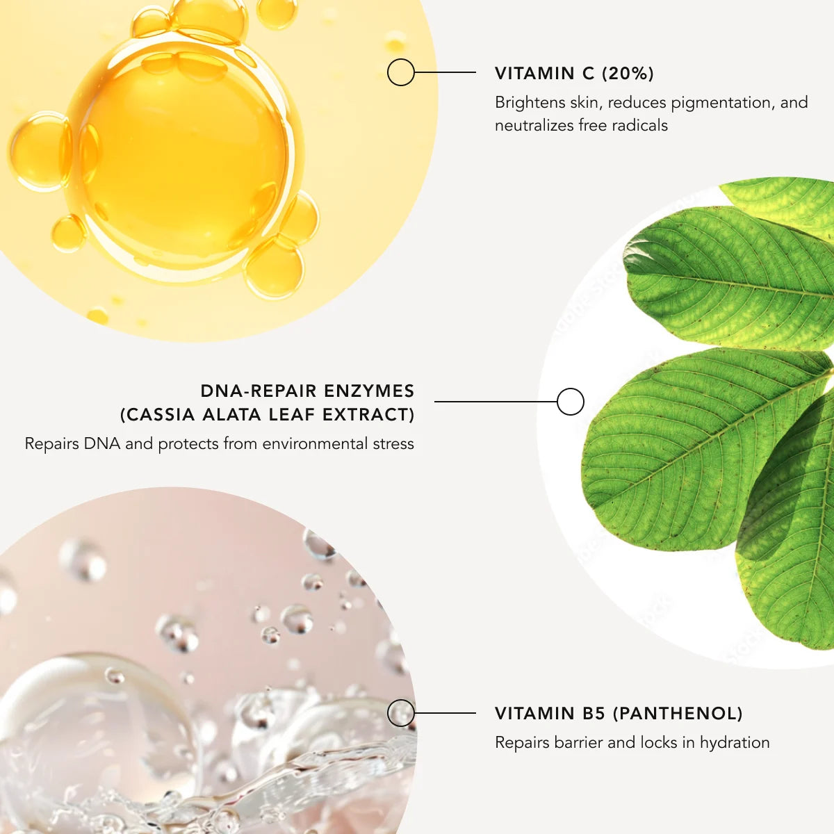 Skincare product with vitamin C, DNA-repair enzymes, and vitamin B5 labeled on a white background.