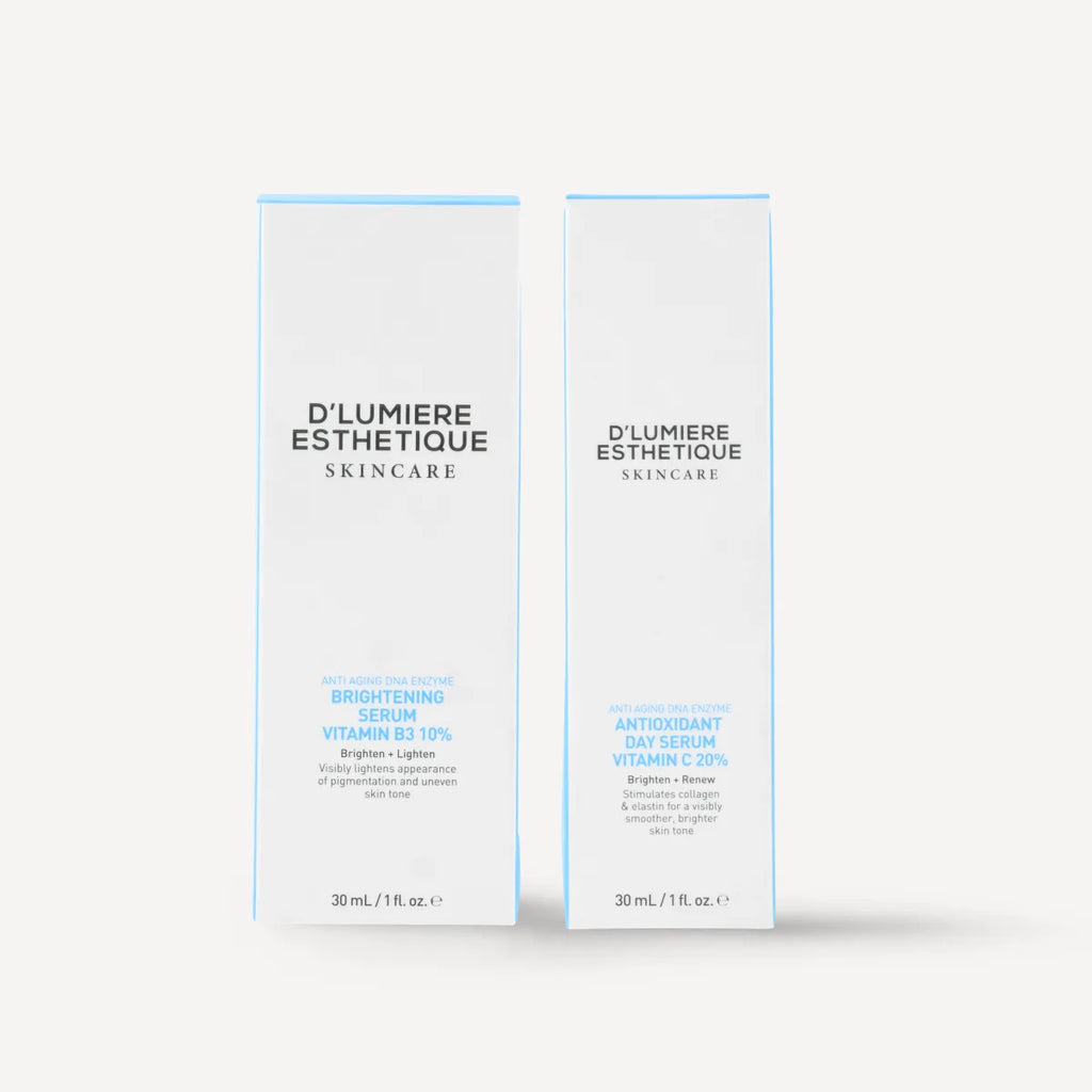Two skincare serum packages from D'Lumiere Esthetique on a white background