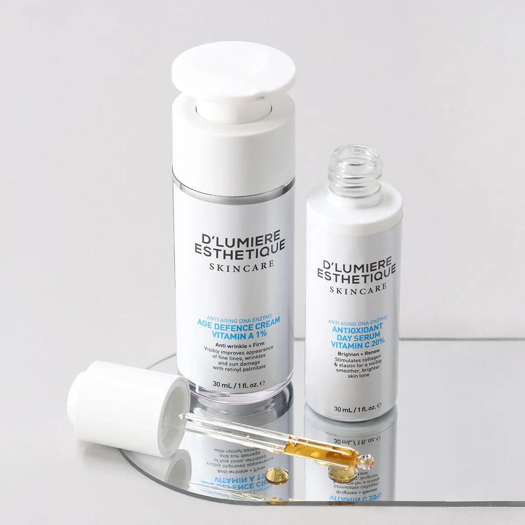 Two skincare bottles from D'lumiere Esthetique on a gray background