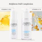 D'lumiere skincare products with vitamin C and A on a white background