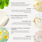 Skincare product ingredients with images and text on a light background