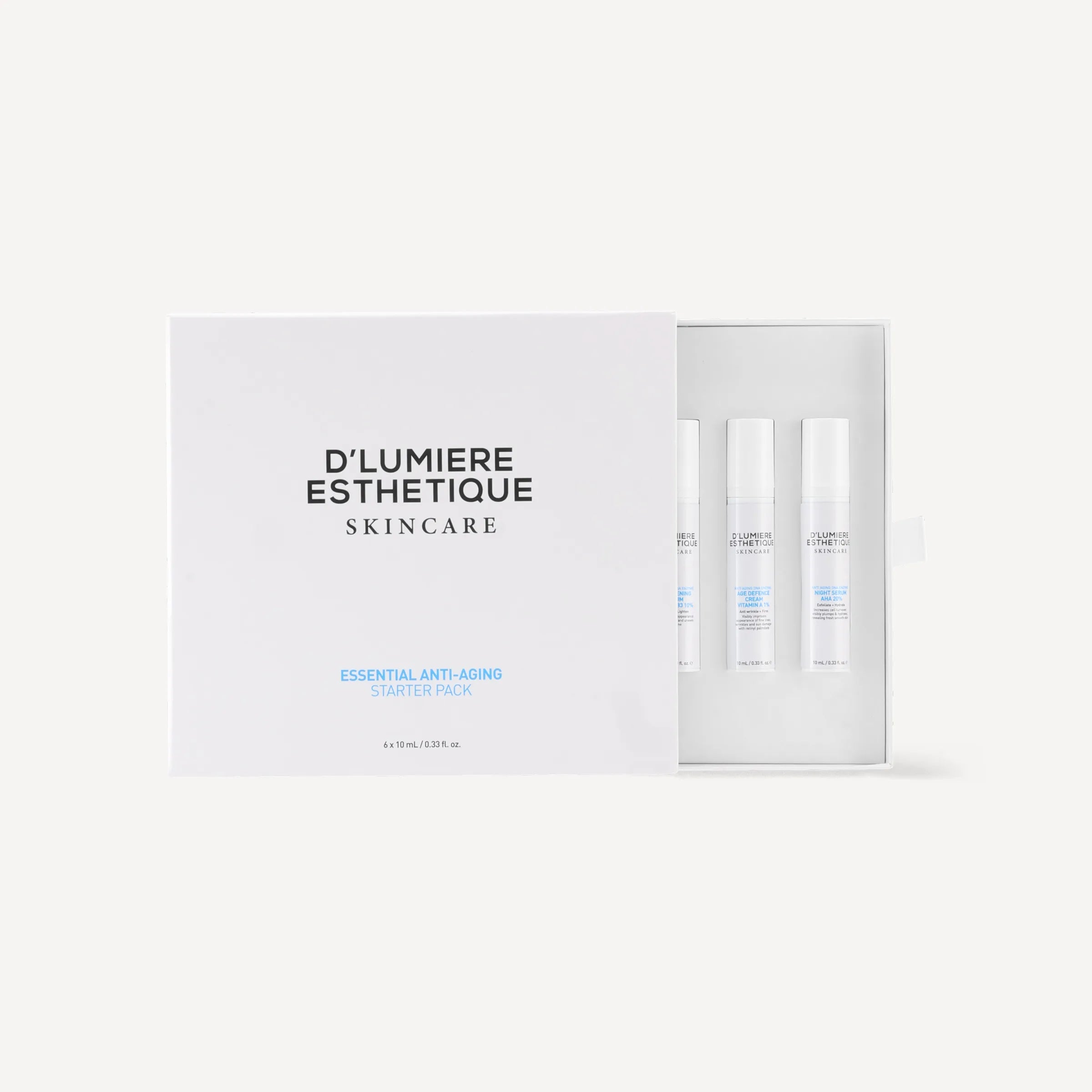 D'lumiere Esthetique skincare set with bottles in a box on a white background