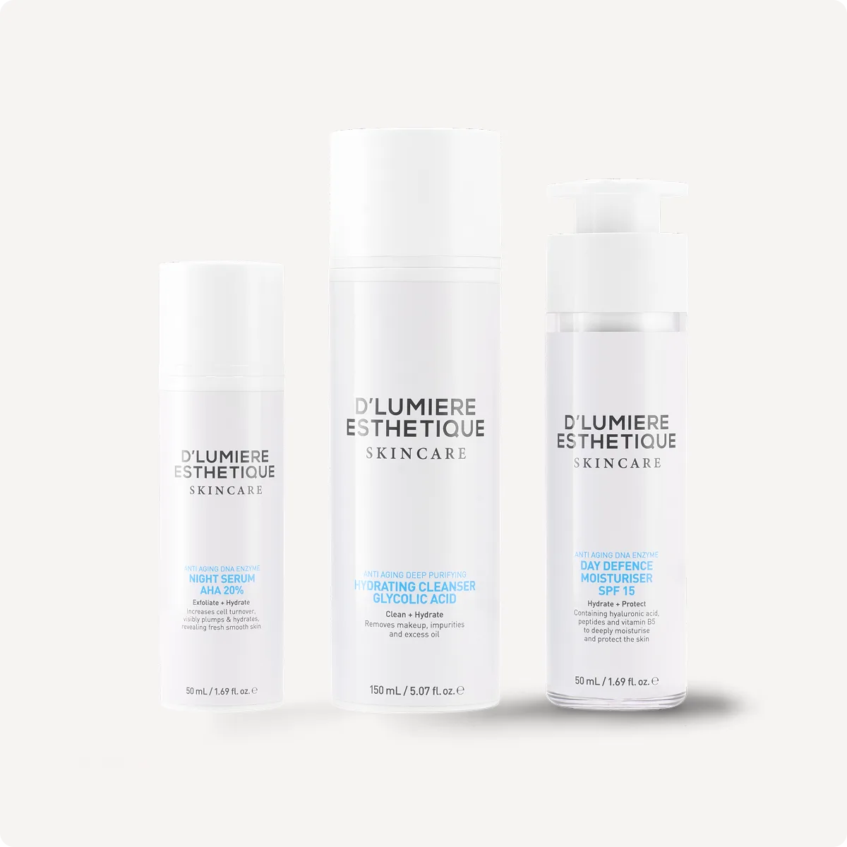 Three skincare bottles from D'lumiere Esthetique on a white background