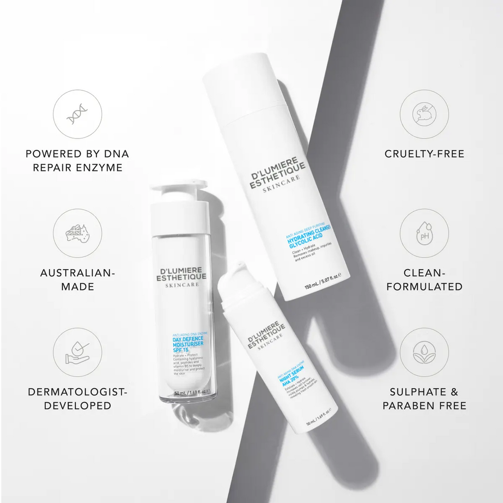 D'Lumiere Esthetique skincare products with features listed on a white background
