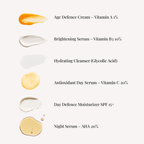 Skincare product swatches with their respective names and ingredients on a white background