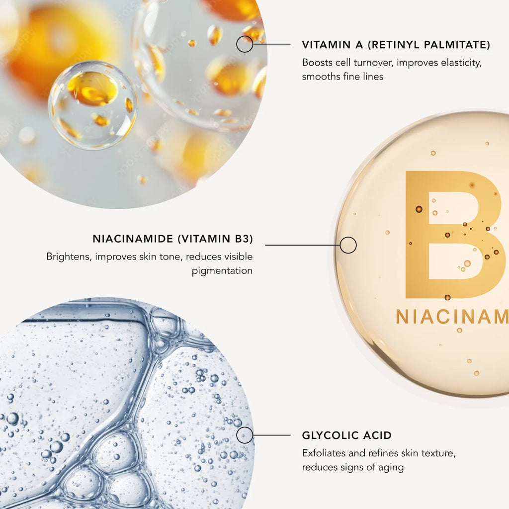 Illustration of skincare ingredients with labels on a white background
