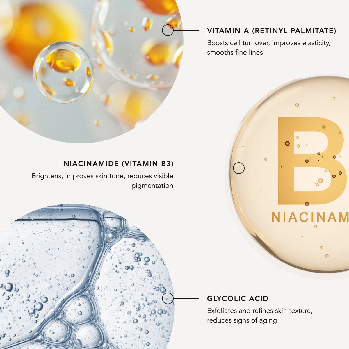 Illustration of skincare ingredients with labels on a white background