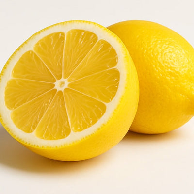 Two lemons, one sliced open, on a light background